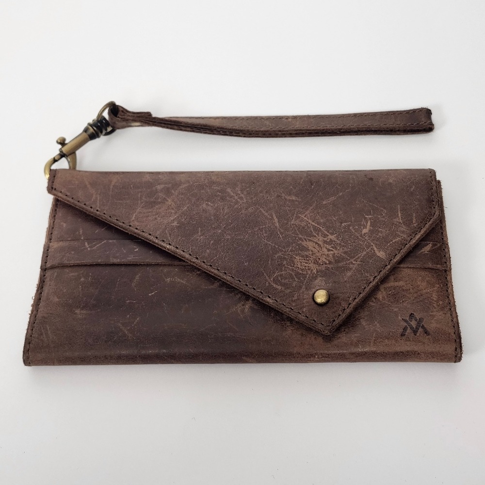 Crazy Horse Leather Envelope Trifold Wallet Aged Patina Wristlet Clutch Boho EDC